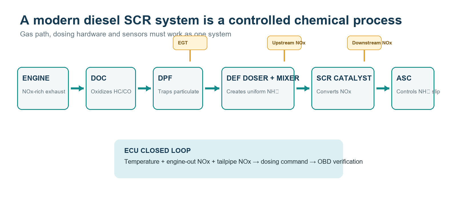 Diagram of a diesel SCR system: engine, DOC, DPF, DEF doser and mixer, SCR catalyst and ammonia slip catalyst with EGT and NOx sensor feedback into the ECU closed loop